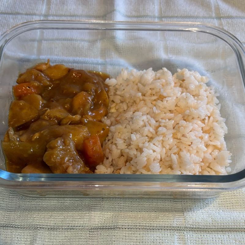 Japanese curry with rice in a meal prep container