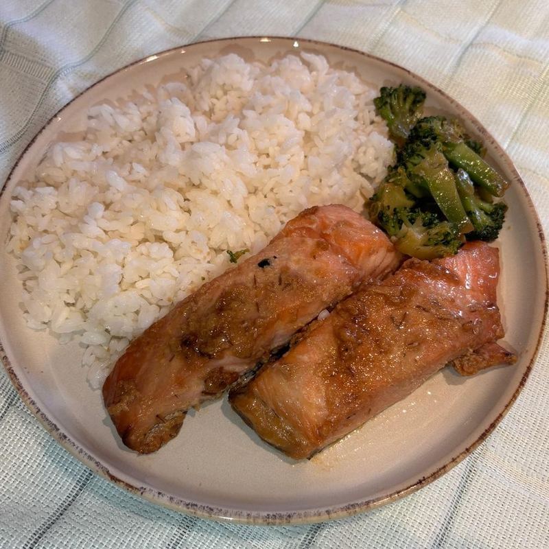 Miso glazed salmon with rice and tenderstem broccoli