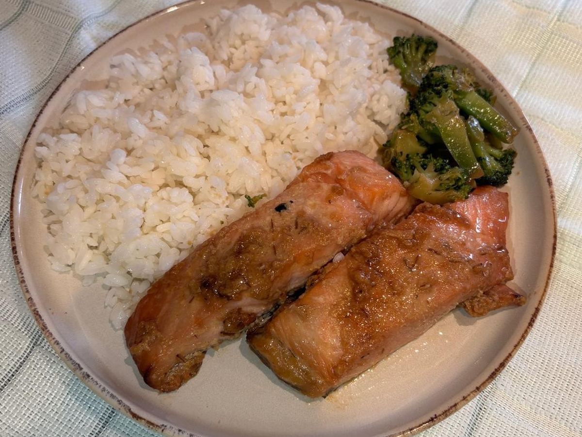Miso glazed salmon with rice and tenderstem broccoli