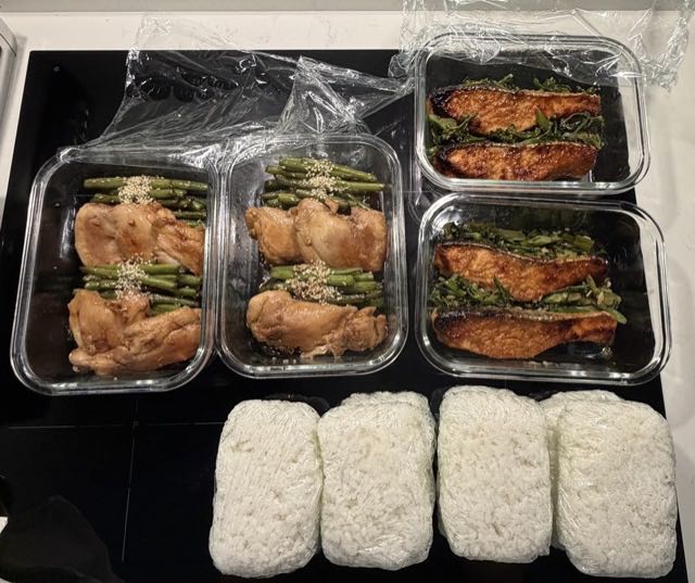 Chicken teriyaki, miso glazed salmon and rice portioned for the week by an oishee Japanese private chef
